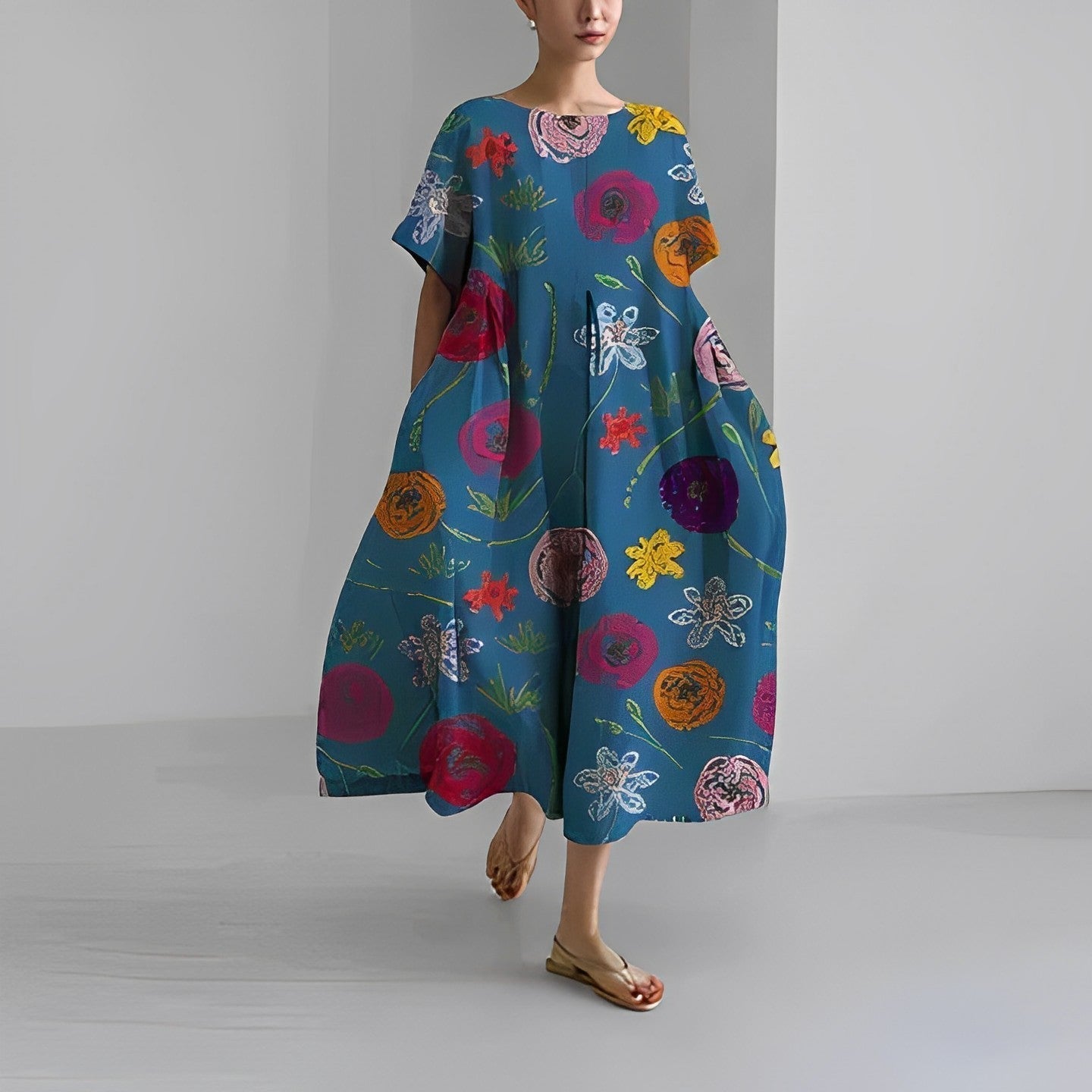 Boho Blumenk Weites Kleid