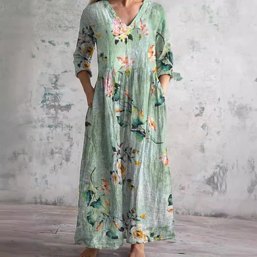 Geblümtes Maxikleid mit Dreiviertelärmeln