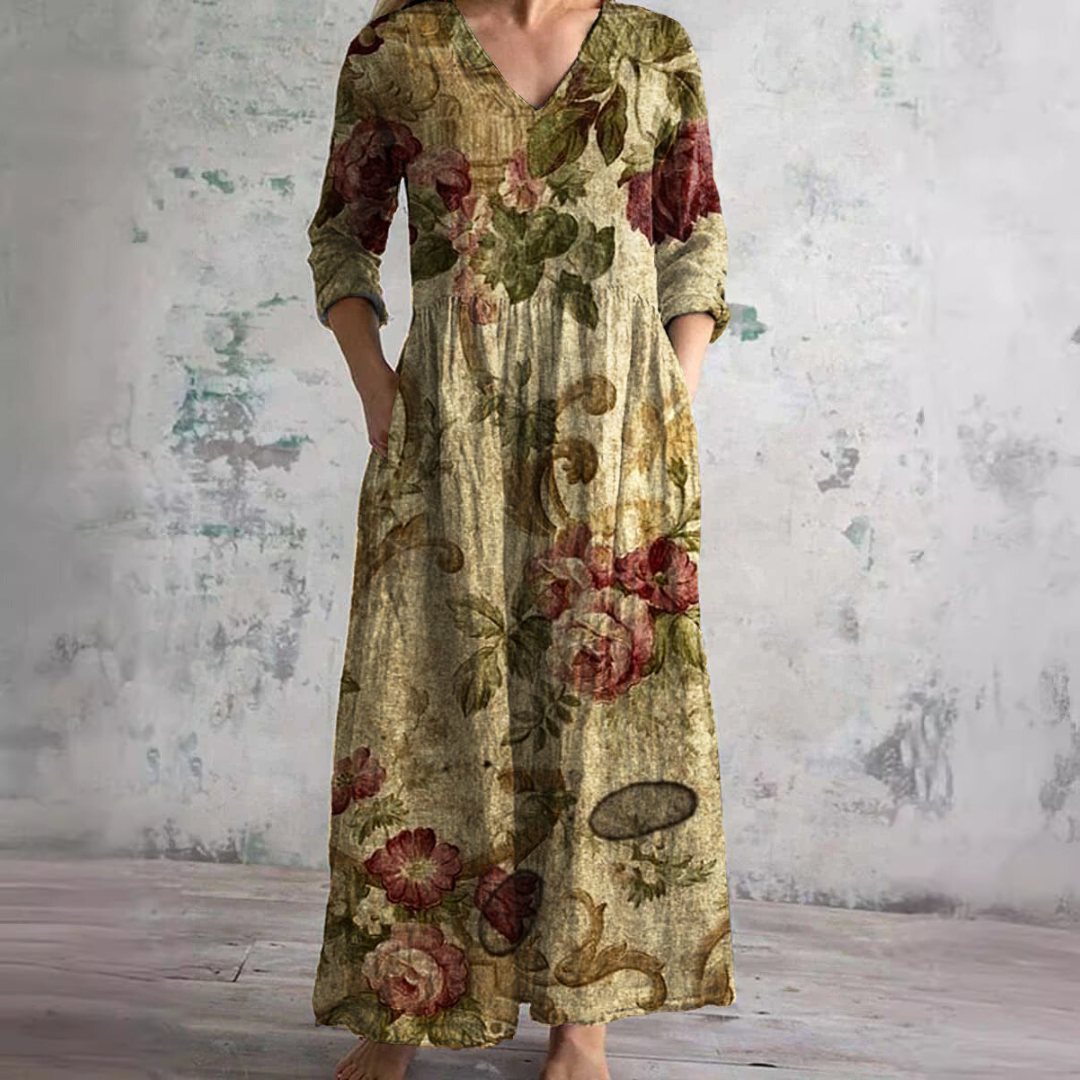 Geblümtes Maxikleid mit Dreiviertelärmeln