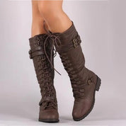 Retro-Stiefel mit flacher Schnalle und Schnürung