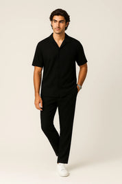 Zweiteiliges Set aus Rippstrick Polo und Hose