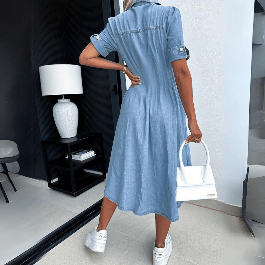 Vintage Denim Kurzarm Midikleid