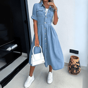 Vintage Denim Kurzarm Midikleid